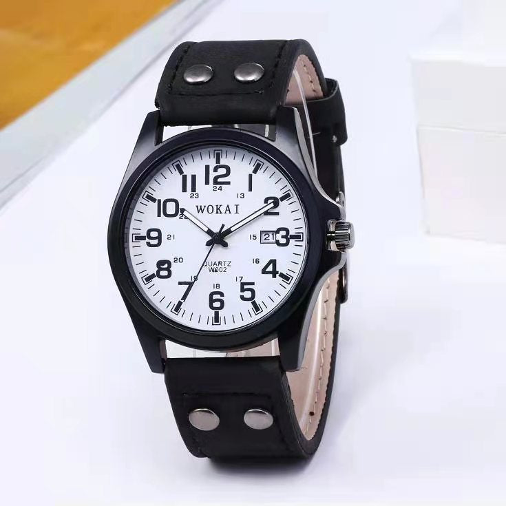 WOKAI high quality fashion casual men's three-eye quartz belt watch men's business waterproof luminous retro electronic clock