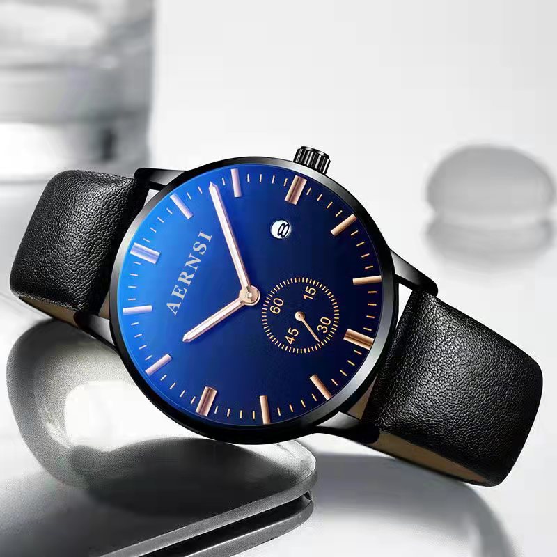 WOKAI high quality fashion casual men's three-eye quartz belt watch men's business waterproof luminous retro electronic clock