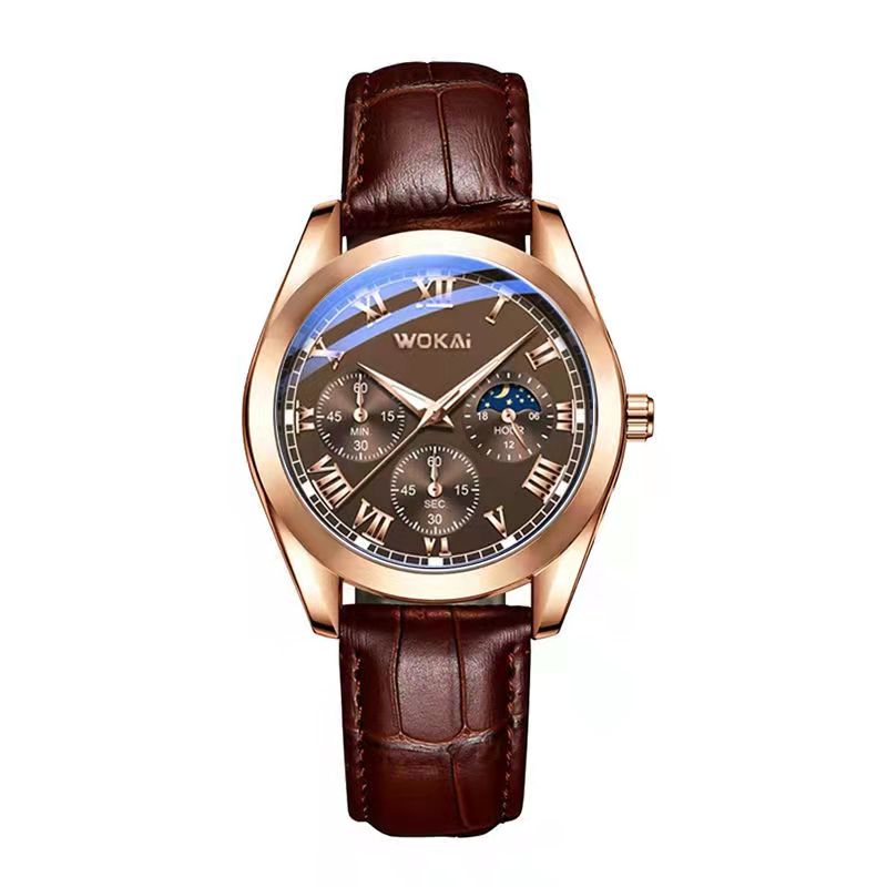 WOKAI high quality fashion casual men's three-eye quartz belt watch men's business waterproof luminous retro electronic clock